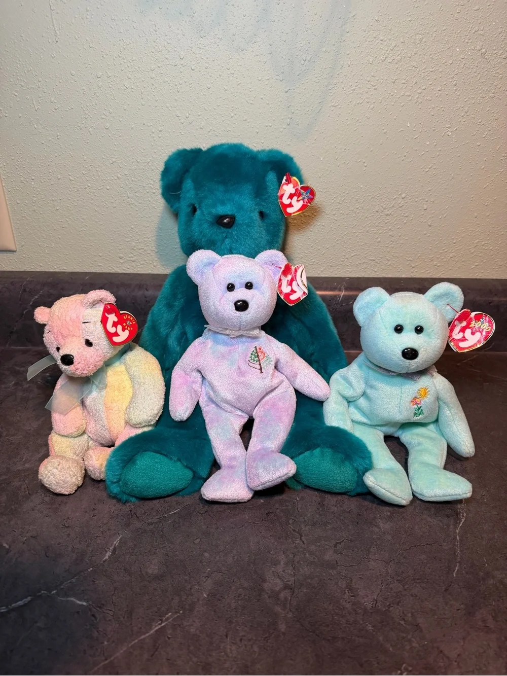 Ty Beanie Baby Ariel the Turquoise Bear, Mellow, Spring Flower Bear, Izzy Bear.